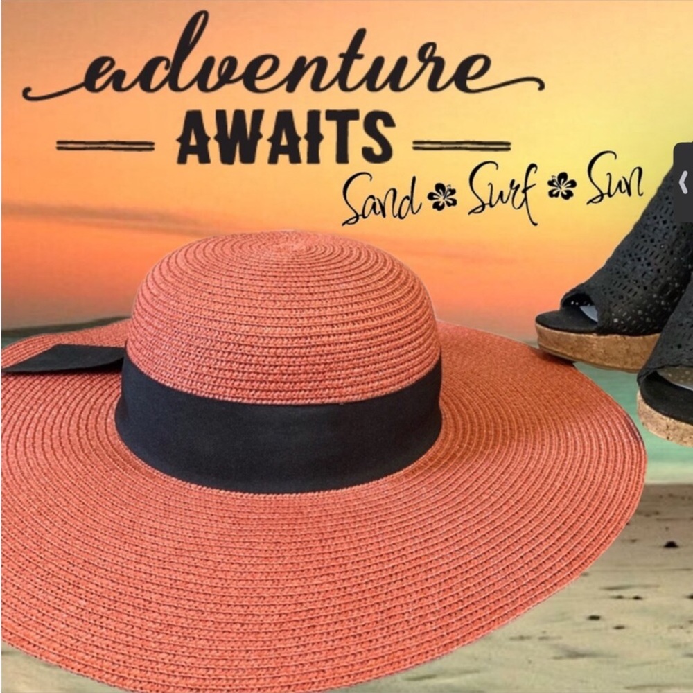 80’s Vtg Wide Brim Floppy Straw Hat Wide Grosgrain Band